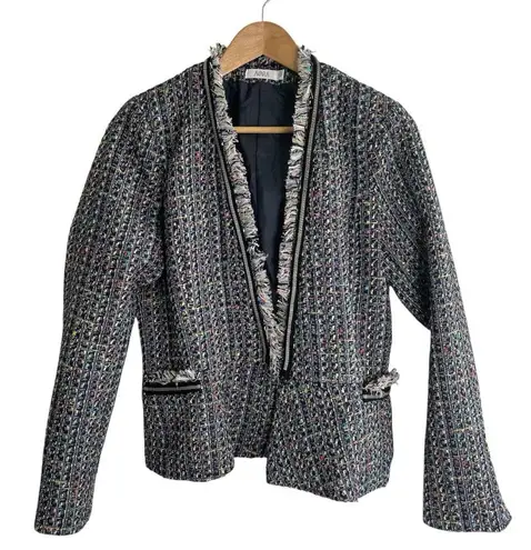 Avara Multicolor Tweed Blazer with Fringe detail Size Large trad wife academia Blue