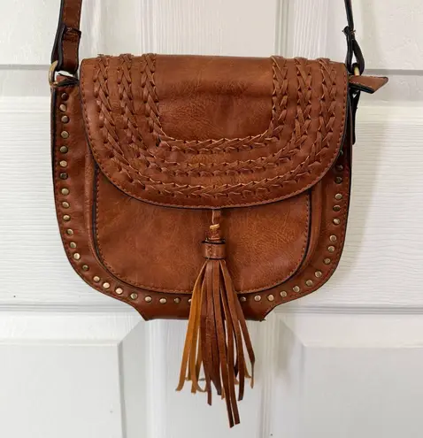 Antik Kraft Brown Boho Tassel Crossbody Bag with Stud Trim