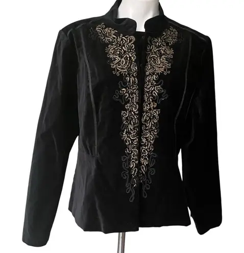 Reba Mandarin Collar Velvet Dress Jacket Blazer Black Gold, XL
