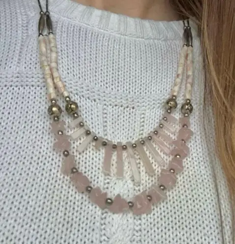 American Vintage Vintage “Xiomara” Rose Quartz Crystal Double Strand Necklace Bohemian Pink 