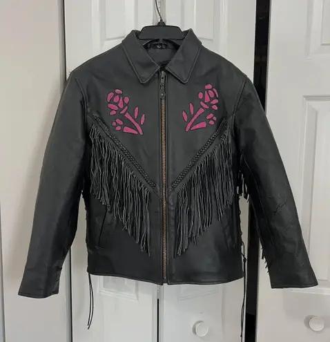 USA Bikers VTG Black Fringe Purple Rose Leather Zip Up Motorcycle Jacket (Size M)