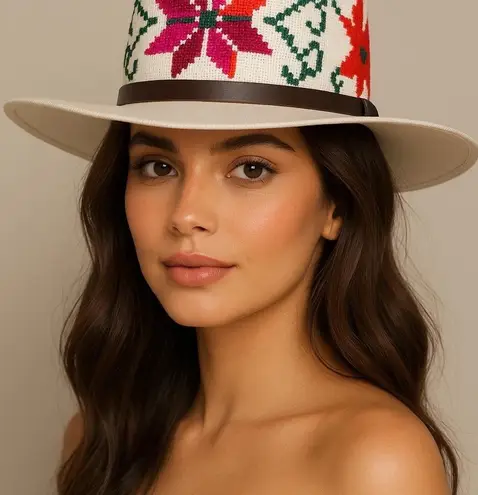 Panama Fedora Hat Hand Embroidered Huasteca Potosina Mexico Boho Artisan White