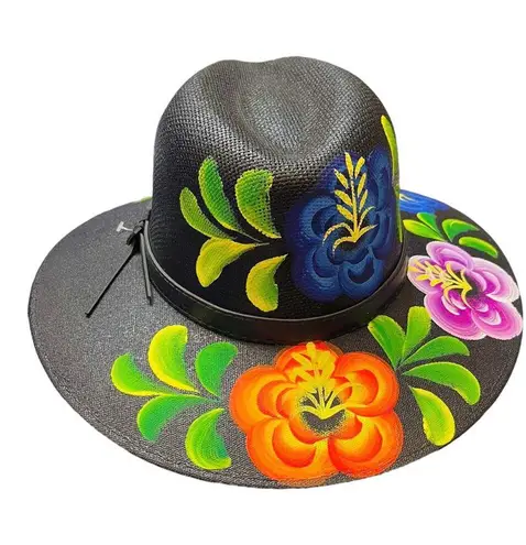 HAT MEXICAN Artisanal Hand Painted Fedora Floral Sombrero Panama Bohemian Black