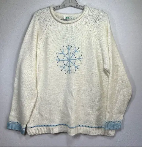 Quacker Factory Snowflake Sweater L Off White Cream Blue Sequins Winter Holiday Size L