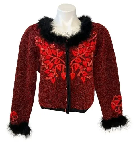 BEREK Vintage Button Down Faux Fur Trim Red Beaded Sweater Size S