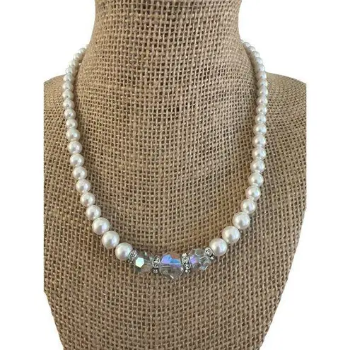 Vintage Faux Pearl Swarovski AB Crystal Necklace Toggle Clasp Choker Collar 17" Silver