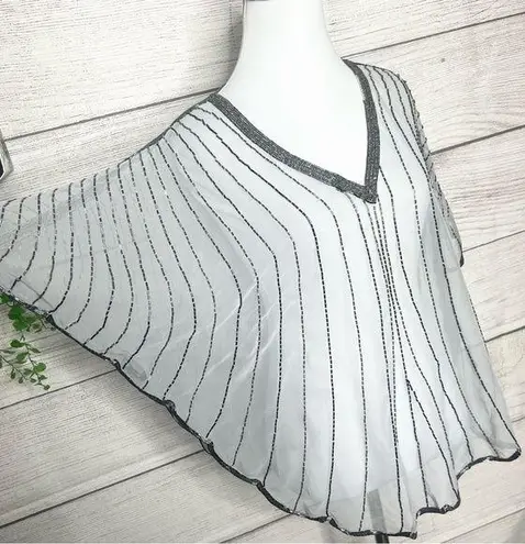 Vintage Sheer Beaded Silver Gray Dolman Sleeve Blouse Top Shawl One Size Size M