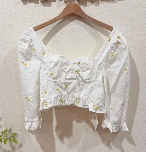 J.ING Jing White with Floral Embroidery 3/4 Sleeve Blouse Crop Top Size L NWT Size L