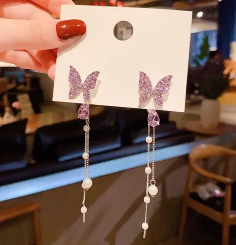 925 Silver Post Pearl Butterfly Long Tassel Dangle Drop Earrings for Women