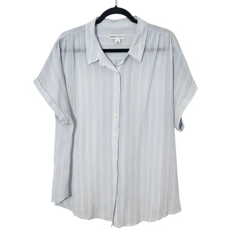 Ava & Viv Light Blue Striped Button-Up Shirt Size 2X Blue Stripe Sheer Top