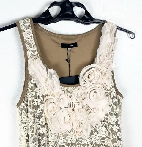 Ryu Brown Cream Crochet Tiered Lace Floral Sleeveless Lined Dress, Size Medium
