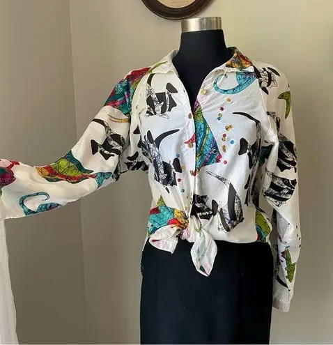 Vintage 1980s button down shirt with fish print & jewels