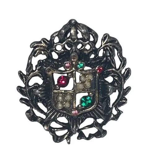 Antique Edwardian Coat of Arms Shield Crest Pink Garnet Emerald Pearls Brooch Red