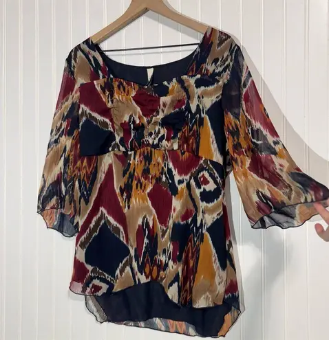 L.A. Blues 14/16 Boho Ikat Sheer Blouse Top Plus Size Chiffon Festival Retro Y2K