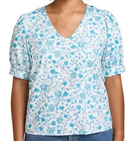 Draper James White and Blue Floral Puff Sleeve V Neck Blouse NWT size XL Cotton