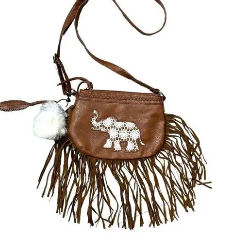 Boutique Boho Faux Leather Elephant Fringe Crossbody Bag Purse Brown Festival