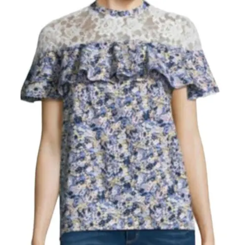 Belle Sky Belle & Sky Top Women's Size Small Blue Floral Boho Ruffled Lace Casual Blouse