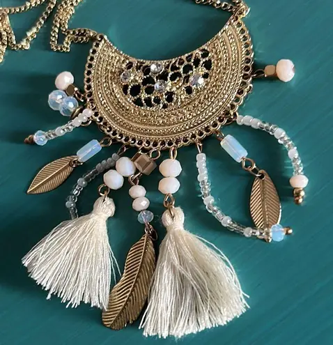Women’s Boho Double Strand Mixed Bead Fringe Tassel Gold Tone Medallion Necklace
