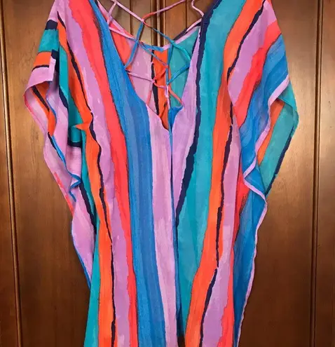 Beach Club Palisades  Women Colorful Sheer Swimsuit Cover-Up Tassels Size XS/S