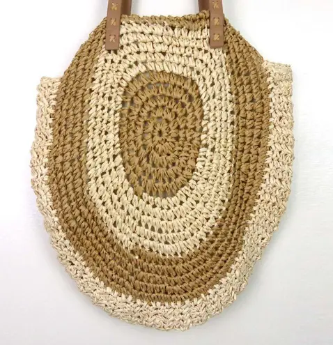 Woven Straw Oval Hobo Shoulder Purse Bag Tan Ivory Beach Travel Zip Closure