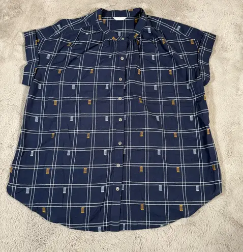 Caslon Plaid Short Sleeve Button Front Top Blue Cotton Size XXL Summer Beach