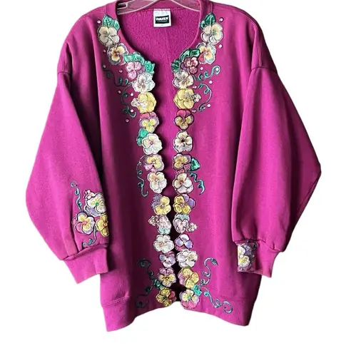 Vintage Fuchsia Elaborate Floral Applique Open Front Sweatshirt cardigan. Size Size 2X