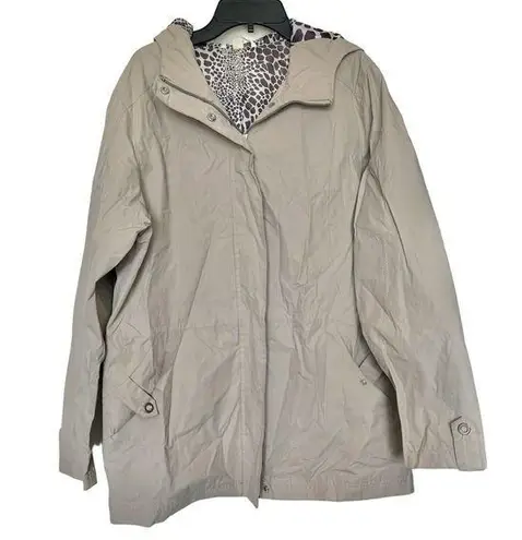 Free Country Women's Jacket Sz Medium Rain Hooded Beige Canvas  Pockets Leopard