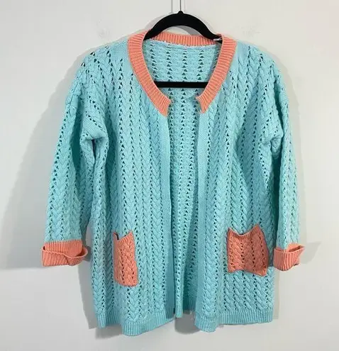 Handmade Vintage Baby Blue & Coral Open Front Cable Knit Cardigan