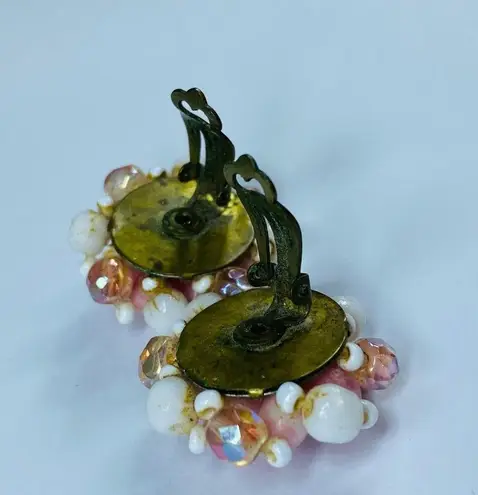 Vintage Western Germany Beaded Cluster Clip on Earrings Pink Shades White Luster