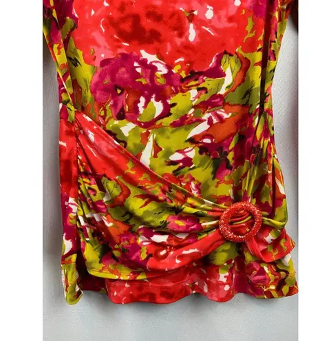 Simonton Says By George Simonton Floral Print Top XXS Polyester Spandex Long Sle Red