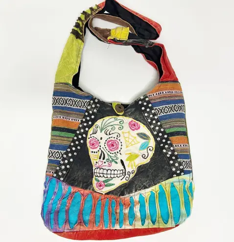 Boho Sugar Skull Shoulder Bag Patchwork Hippie Festival Purse Hobo Crossbody White