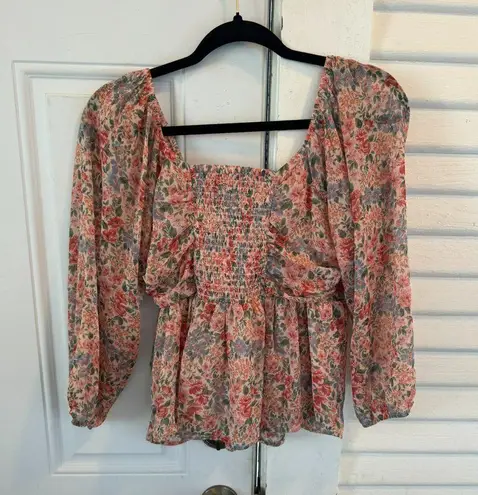 American Eagle pink multi floral smocked top size small