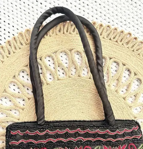 Vintage Black Satin Red Floral Top Handle Evening Bag Beaded Fringe Small Boho