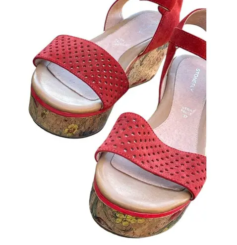 Stonefly Diva Platform Wedge Suede Sandals Size 37 Aurora Red
