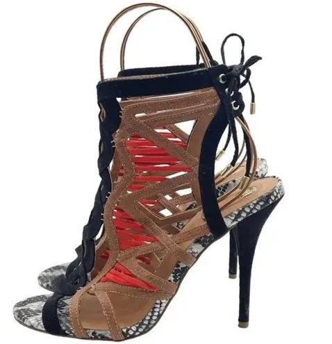 River Island Strappy Caged Mixed Print Heels Black Coral Tan Women’s 7 US | 5 UK
