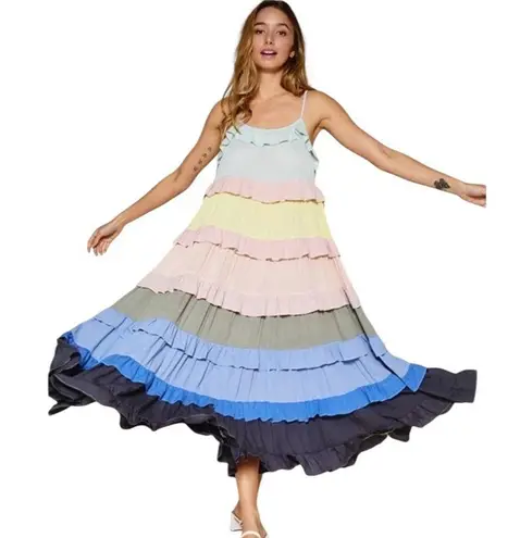 NWT Ces Femme Make It Work Colorful Tiered Ruffled Boho Sundress Maxi Size L Blue Size L