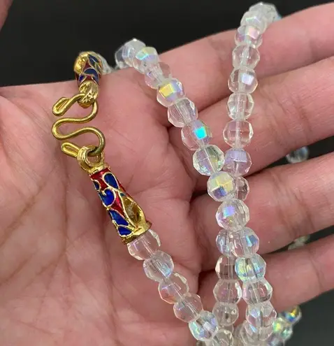 Vintage Clear Aurora Borealis AB Crystal Czech Fire Beads Enamel Clasp Necklace