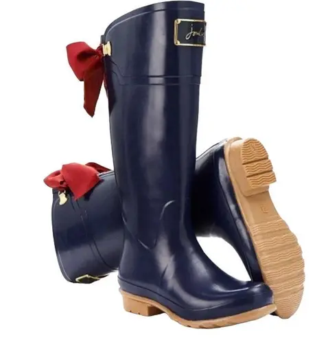 JOULES EVEDON Navy Blue Tall Rain Boots with Red Bows US Sz 8