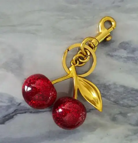 Gold Cherry Purse Charm Keychain | Red Glitter Fruit Bag Accessory