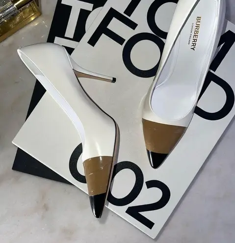 Burberry  Annalise Mixed-Media Cap-Toe Pumps in Optic White in Multi