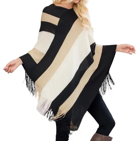 Riah Fashion Riah Color Block Fringed Poncho