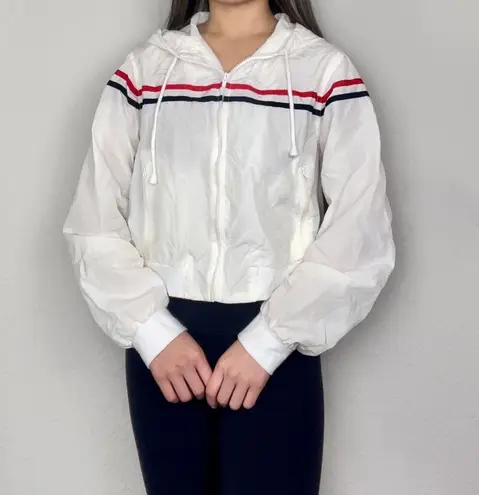 John Galt White Red & Blue Striped Windbreaker Zip-Up Hooded Drawstring Jacket