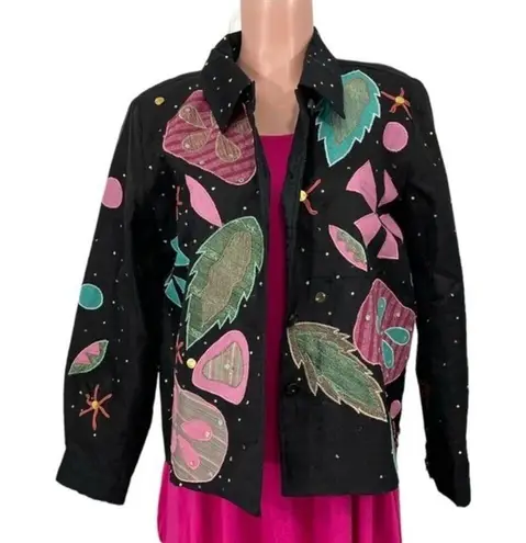 Sharon Anthony Art to Wear Silk Jacket with Fun Appliqué Embroidery Size MEDIUM