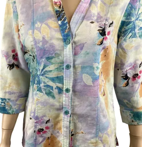 Harvé Benard Harve Bernard Linen Blend Floral Short SLeeve Button Down Shirt Top Size Large