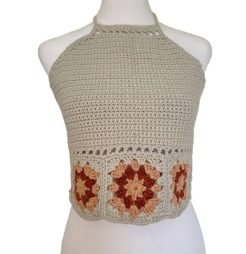 New Crochet Crop Top Size S Handmade Beige Red Halter Neck Boho Festival Hippie
