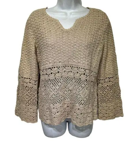 Tiara International VTG 90s Tiara Beige Crochet Sweater M Bell Sleeve Hippie Bohemian