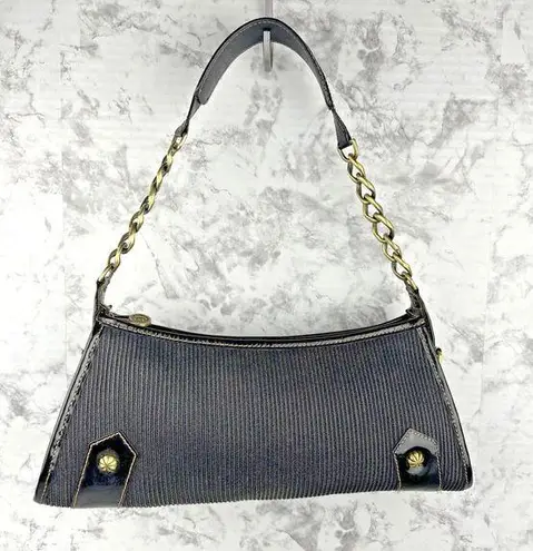 Eric Javits Black Woven Shoulder Bag Purse Black Patent Leather Gold Chain Strap