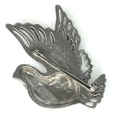 Dove VTG 1950's Signed HP Pewter Turtle Bird BROOCH 2.5" Pin / Pendant Silver