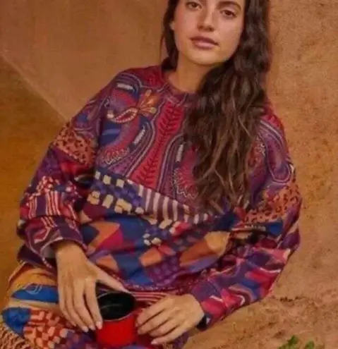 Farm Rio  Mix Print Tunic Long Line Aztec Print Sweatshirt Size Small