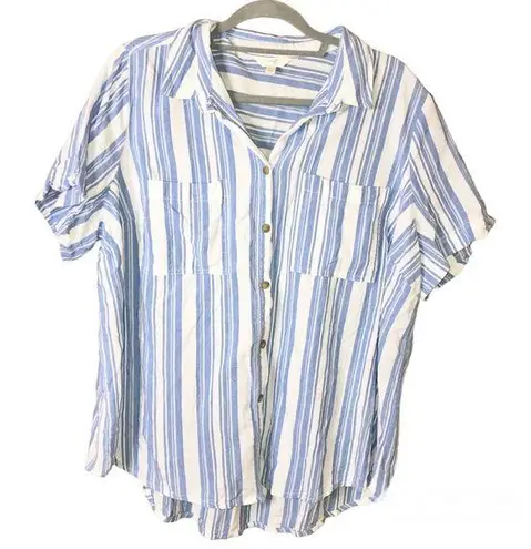 Terra & Sky  Linen Stripe Button front Blouse Shirt Blue White Size 1X